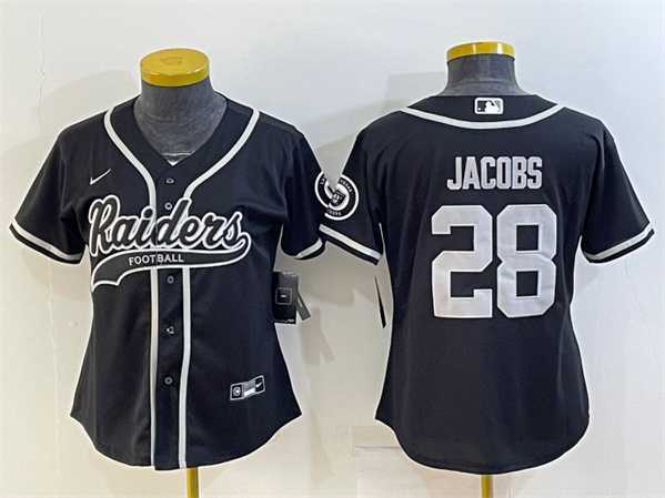 Women%27s Las Vegas Raiders #28 Josh Jacobs Black With Patch Cool Base Stitched Baseball Jersey